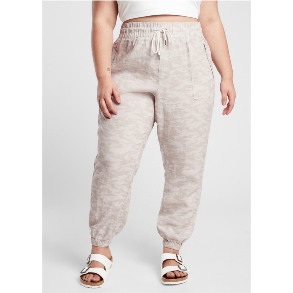 Athleta Cabo Tide Linen Jogger Pants Womens Size 16T Tall Beige‎ Camo Drawstring